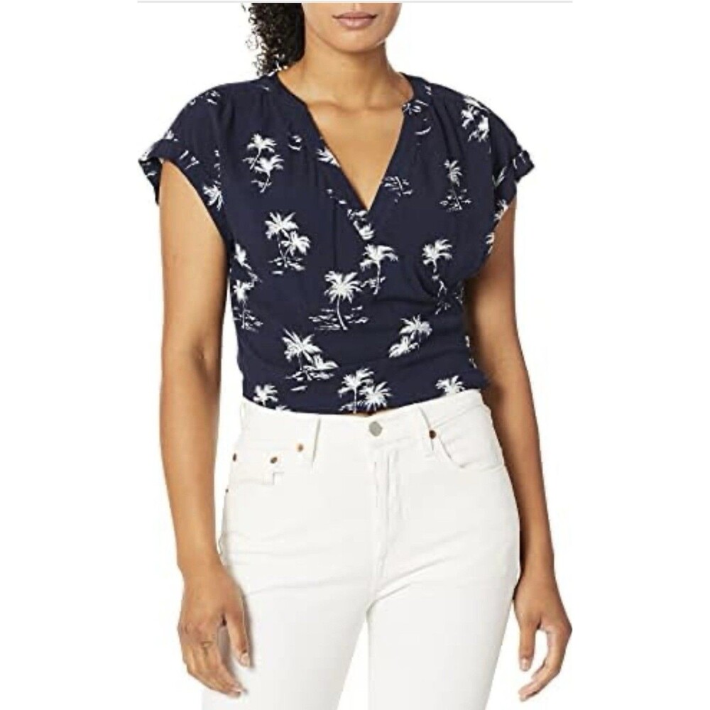 Parker Coco Wrap Front V Neck S/S Cropped Navy White Palm Trees Blouse Sz S